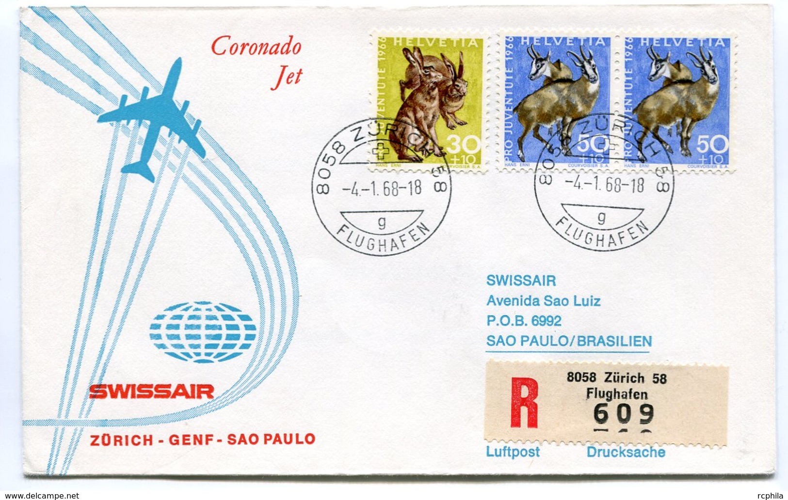RC 6608 SUISSE SWITZERLAND 1968 1er VOL SWISSAIR ZURICH - SAO PAULO BRESIL FFC LETTRE COVER - First Flight Covers