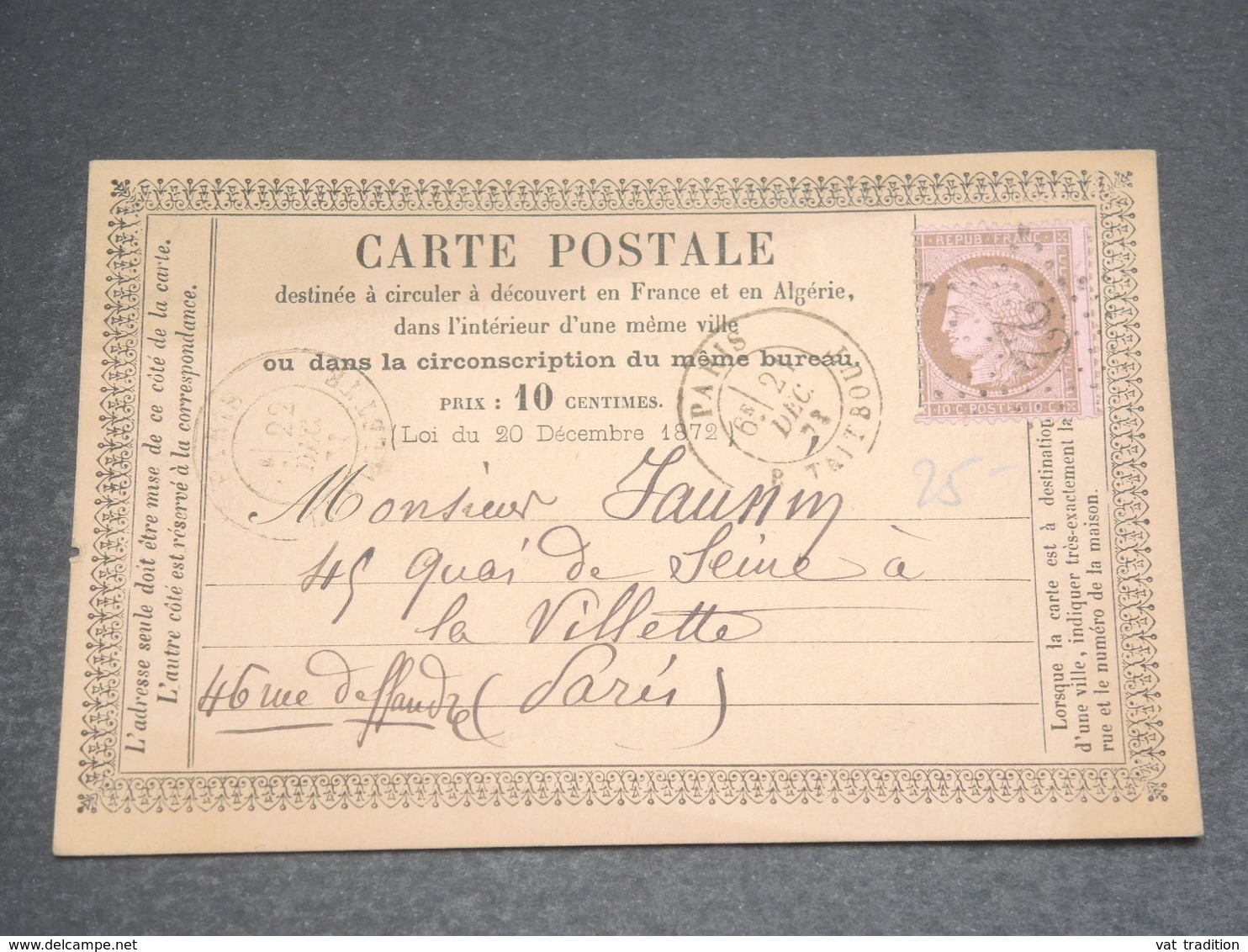 FRANCE - Carte Précurseur De Paris Pour Paris , Affranchissement Cérès , Oblitération étoile 22 - L 12566 - Cartes Précurseurs