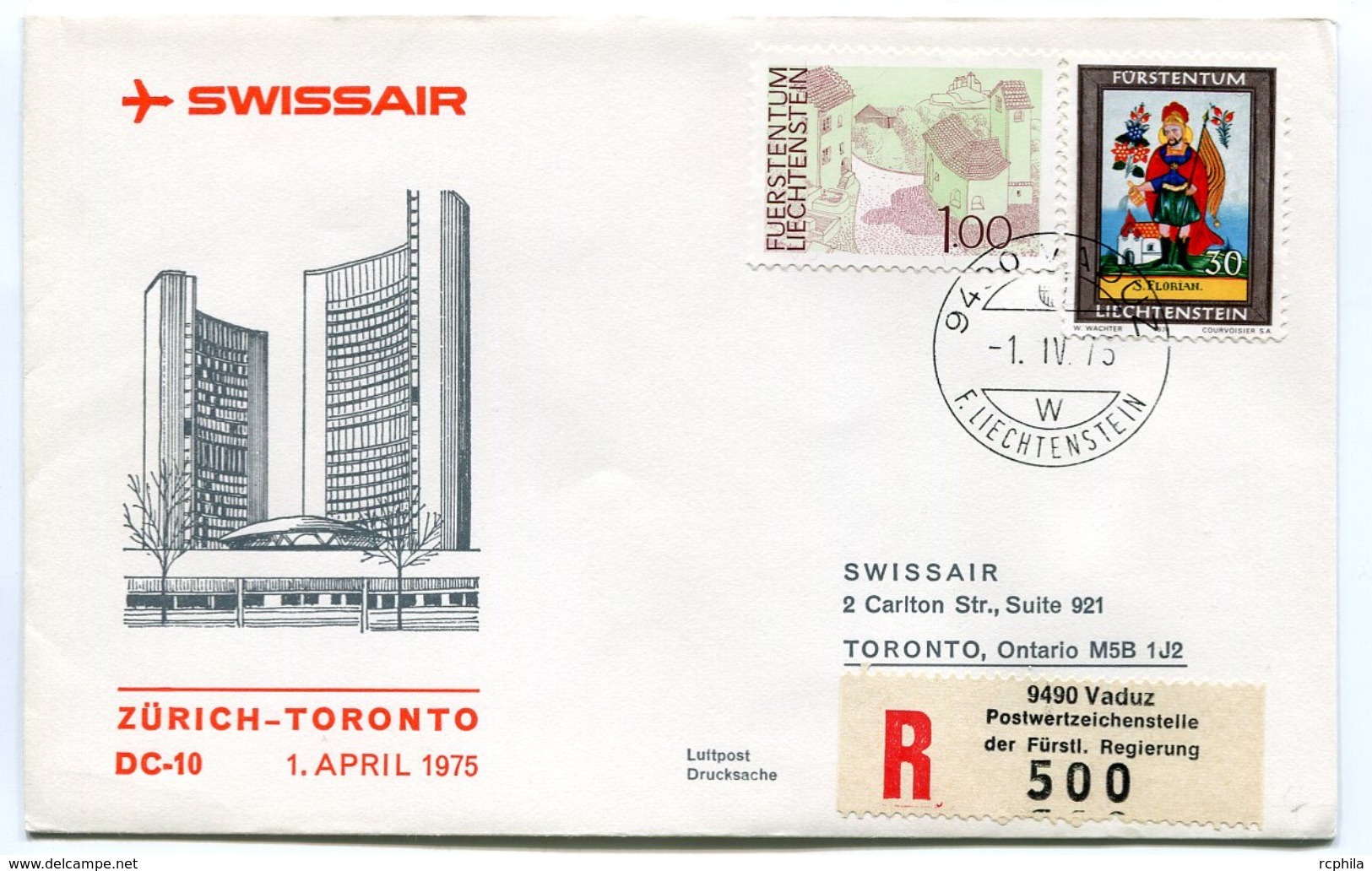 RC 6611 SUISSE SWITZERLAND 1975 1er VOL SWISSAIR ZURICH - TORONTO CANADA LIECHTENSTEIN FFC LETTRE COVER - Erst- U. Sonderflugbriefe