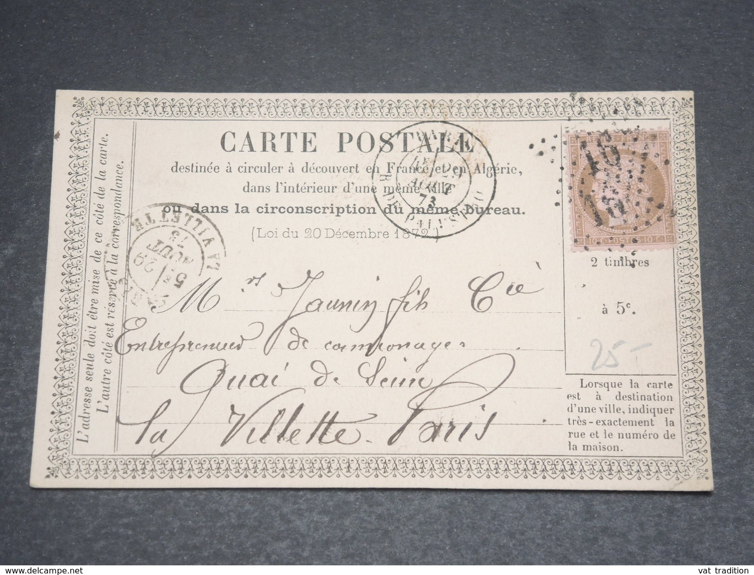 FRANCE - Carte Précurseur De Paris Pour Paris En 1873 , Affranchissement Cérès , Oblitération étoile 16 - L 12567 - Cartes Précurseurs