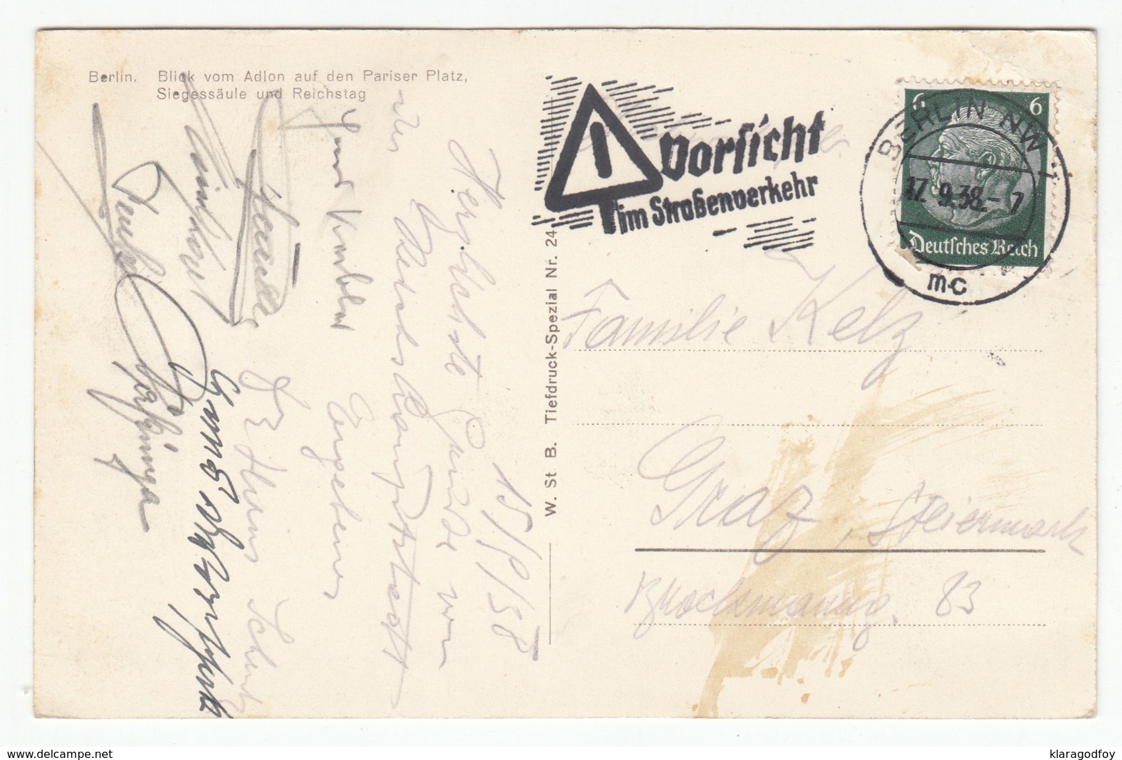 Vorsicht Im Straßenverkehr Slogan Postmark On Berlin Old Postcard Travelled 1938 B180103 - Briefe U. Dokumente