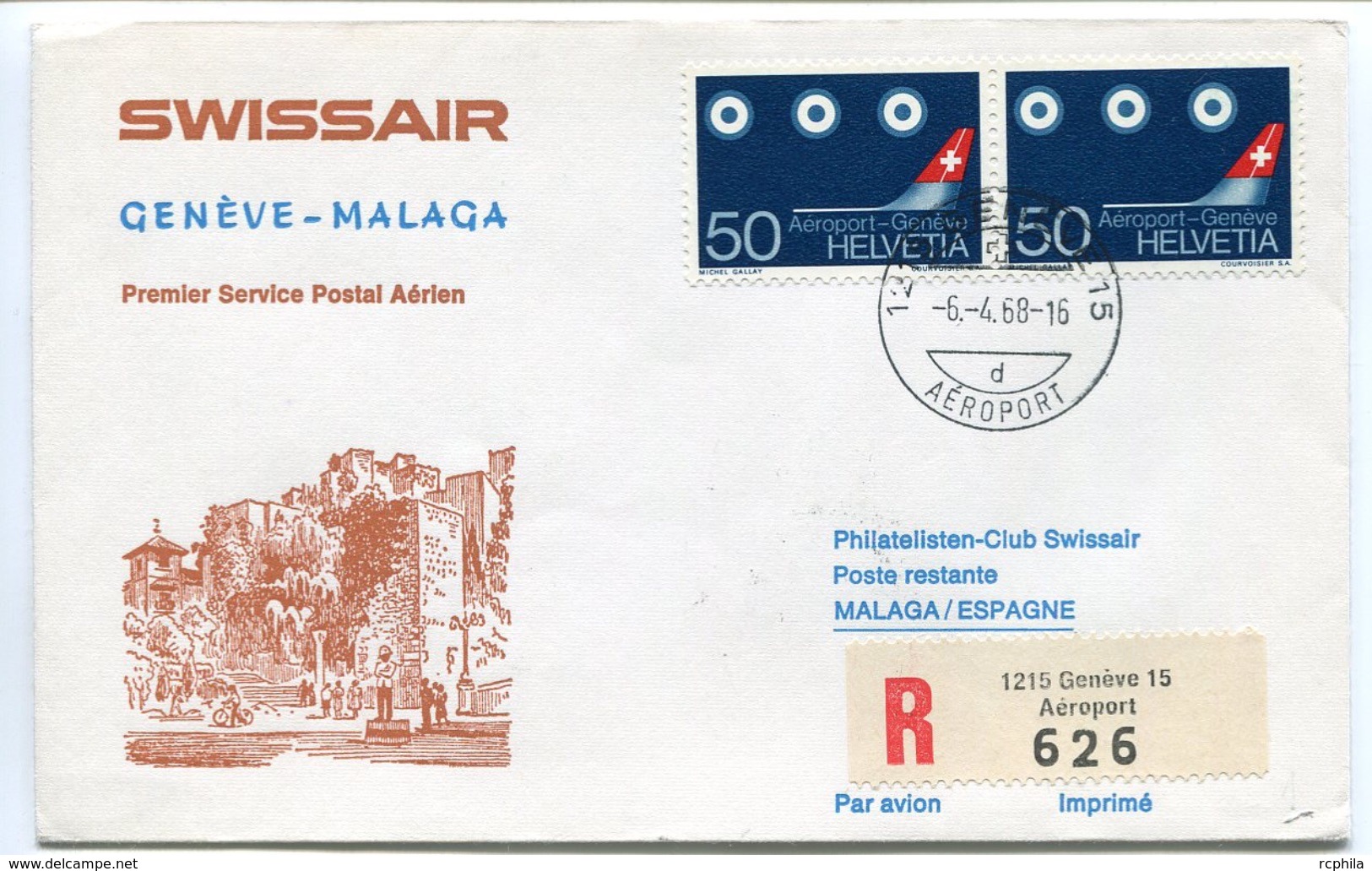 RC 6614 SUISSE SWITZERLAND 1968 1er VOL SWISSAIR GENEVE - MALAGA ESPAGNE FFC LETTRE COVER - Primi Voli