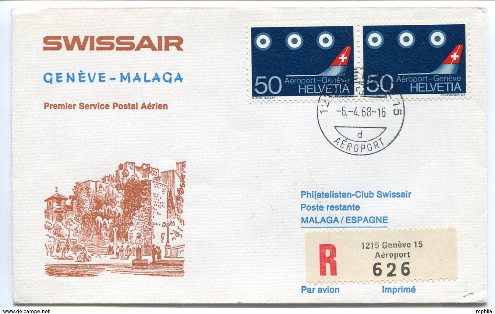 RC 6614 SUISSE SWITZERLAND 1968 1er VOL SWISSAIR GENEVE - MALAGA ESPAGNE FFC LETTRE COVER - Eerste Vluchten
