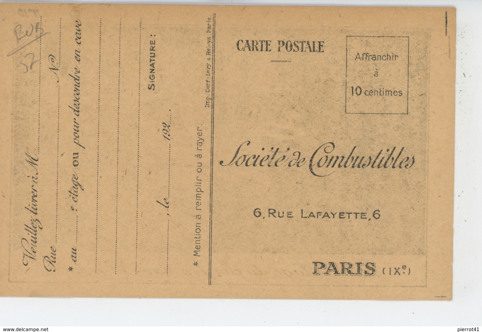 PUBLICITE - Carte Pub Pour LA SOCIÉTÉ DE COMBUSTIBLES , 6 Rue Lafayette à PARIS - Pubblicitari