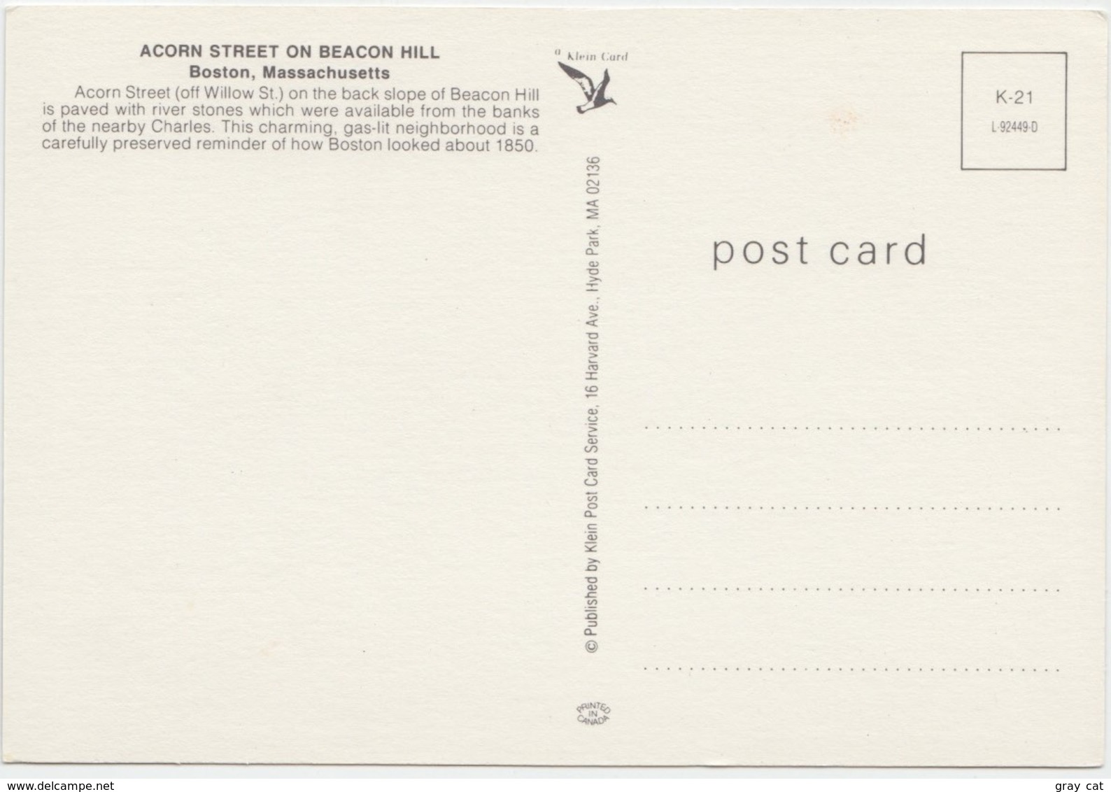 Acorn Street, Beacon Hill, Boston, Unused Postcard [20814] - Boston