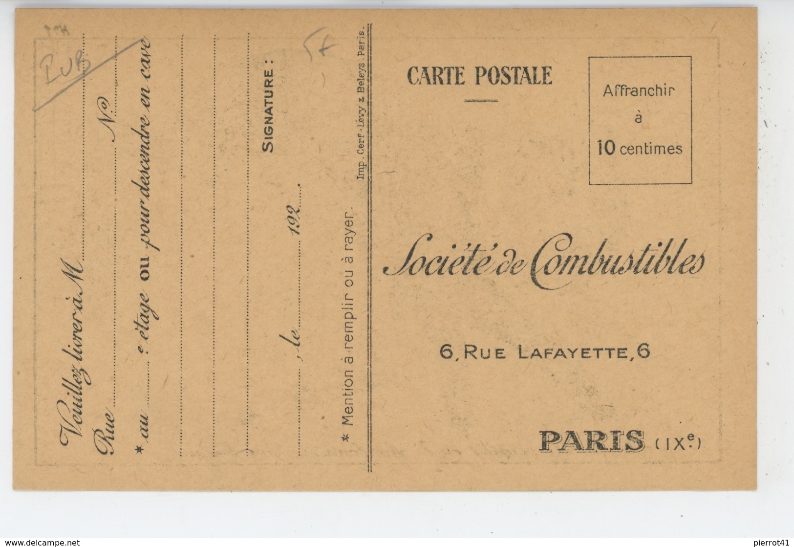 PUBLICITE - Carte Pub Pour LA SOCIÉTÉ DE COMBUSTIBLES , 6 Rue Lafayette à PARIS - Publicidad