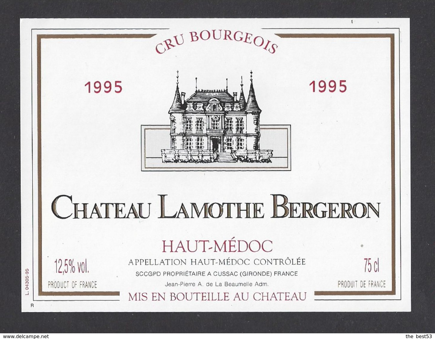 Etiquette De Vin Bordeaux Haut Médoc 1995 - Cru Bourgeois Supérieur - Chateau Lamothe Bergeron - à Cussac  (33) - Bordeaux