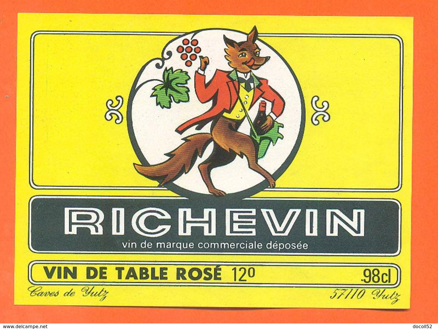étiquette  Vin De Table Rosé Richevin Caves De Yutz - 12°/° - 98 Cl - Renard - Rosés