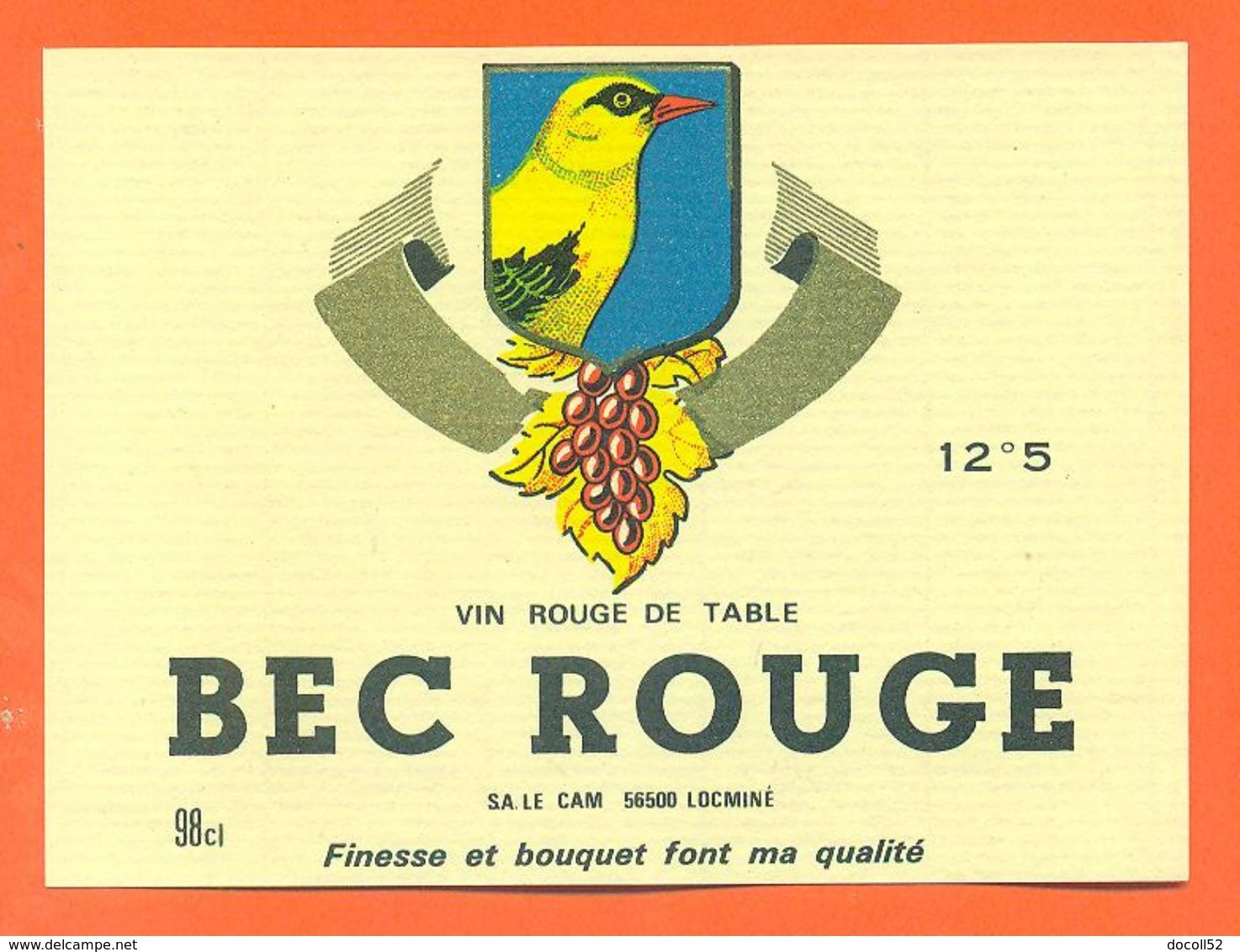 étiquette  Vin De Table Rouge Bec Rouge Le Cam à Locminé - 12,5°/° - 98 Cl - Oiseau - Red Wines