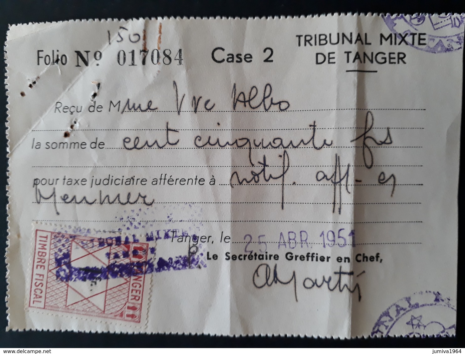 Maroc Espagnol - Marruecos - Tanger 1951 - Recibo Del Tribunal - Marruecos Español