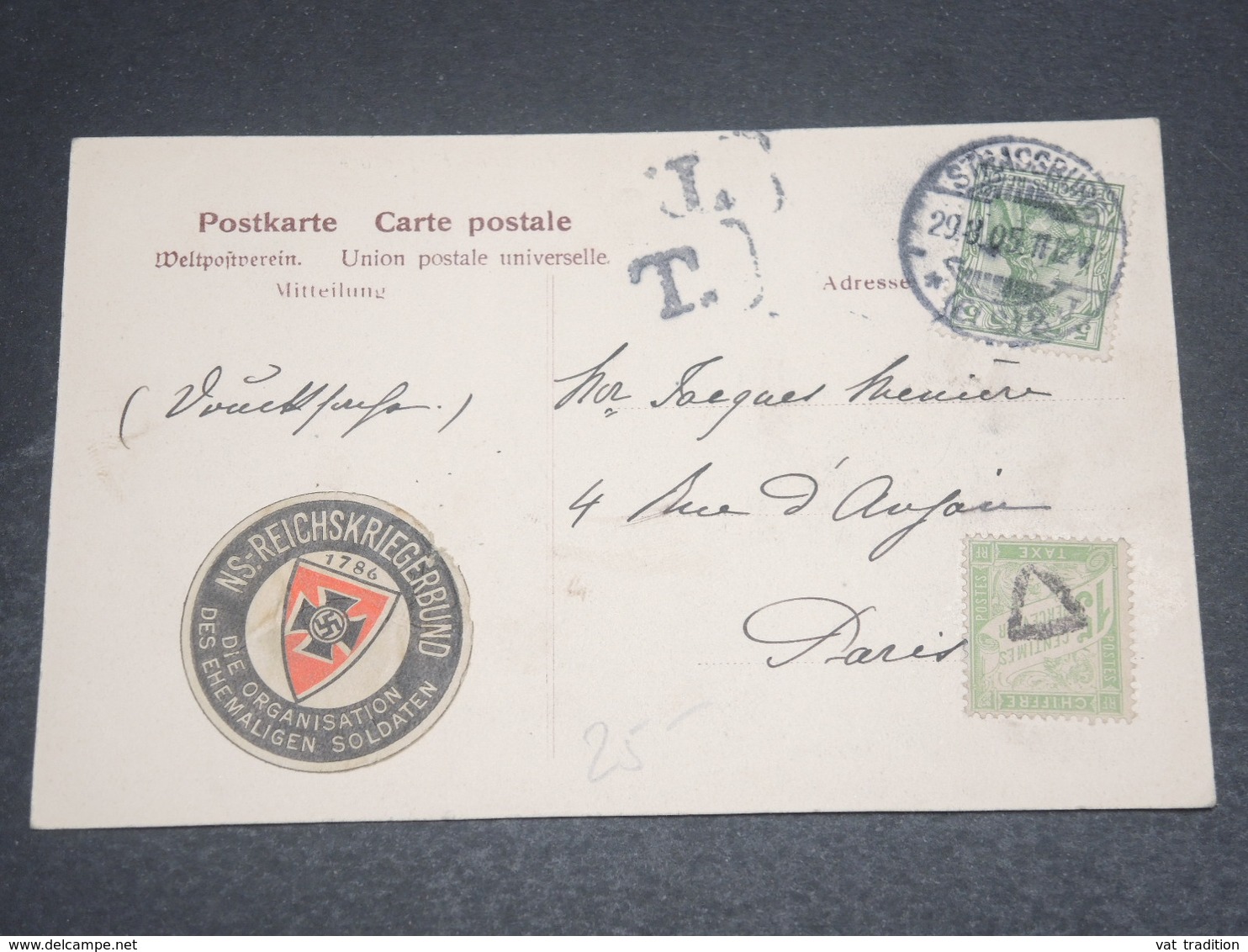 FRANCE - Taxe De Paris Sur Carte De Strasbourg En 1905 , Présence D' Une Vignette Allemande à Croix Gammée - L 12603 - 1859-1959 Lettres & Documents
