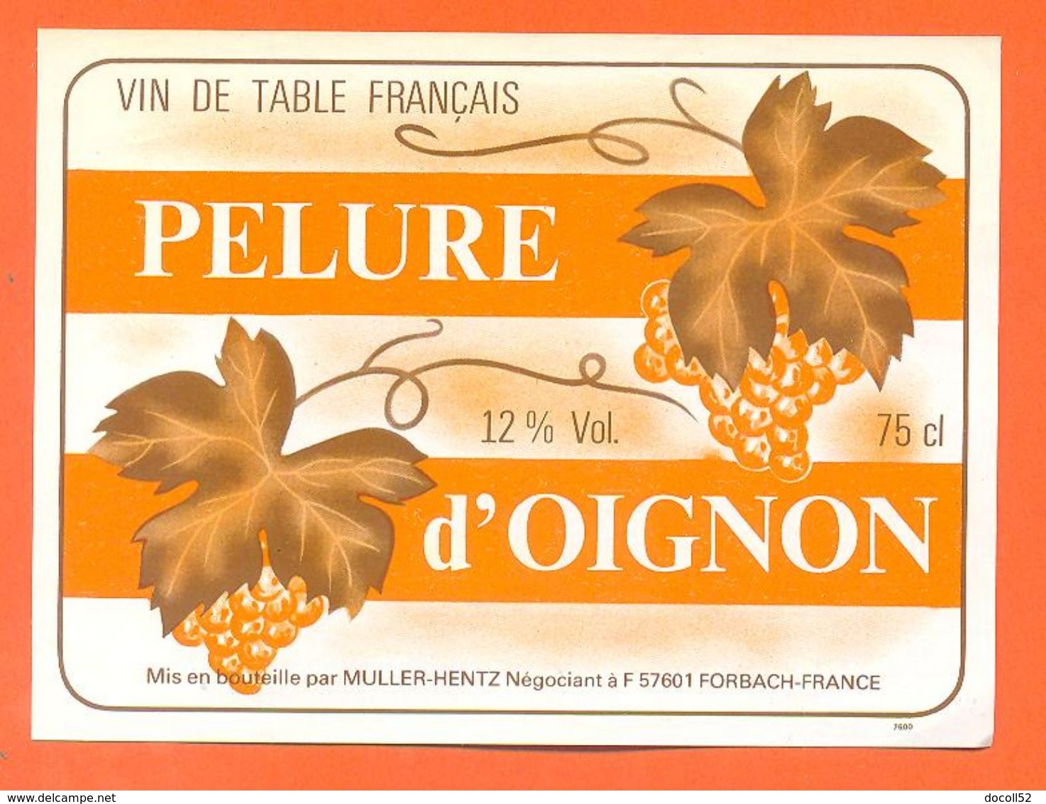 étiquette Vin De Table Rosé Pelure D'oignon Muller Hentz à 57601 -12°/° 75 Cl - Rosés