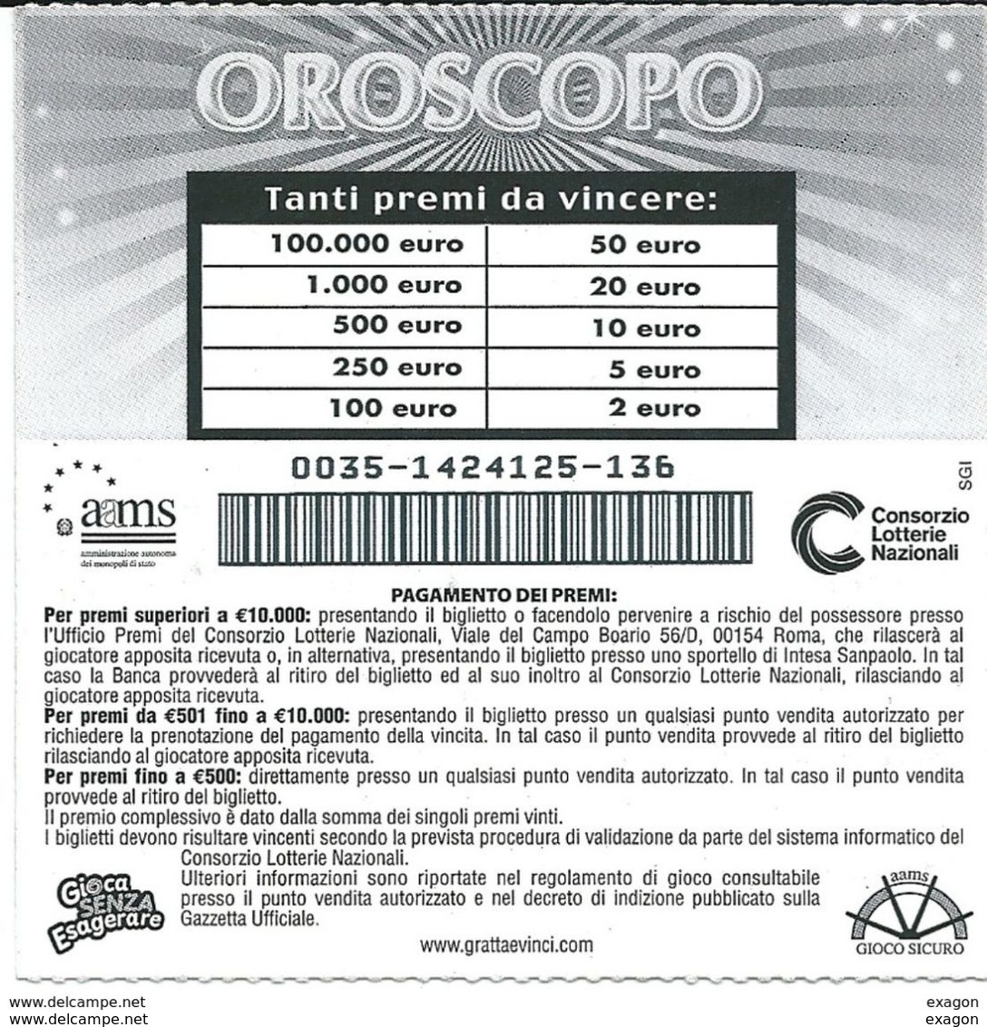 Lotto di N.5  Gratta   e  Vinci -  OROSCOPO  ( Segni di: Fuoco, Terra, Aria, Acqua.)