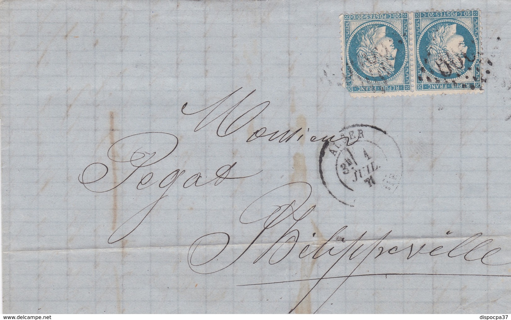 N° 37  SUR LAC  GC   5055  ALGER  POUR PHILIPPEVILLE / ALGERIE DU 4 JUIL. 1871- REF 14112 + VARIETE - 1849-1876: Période Classique