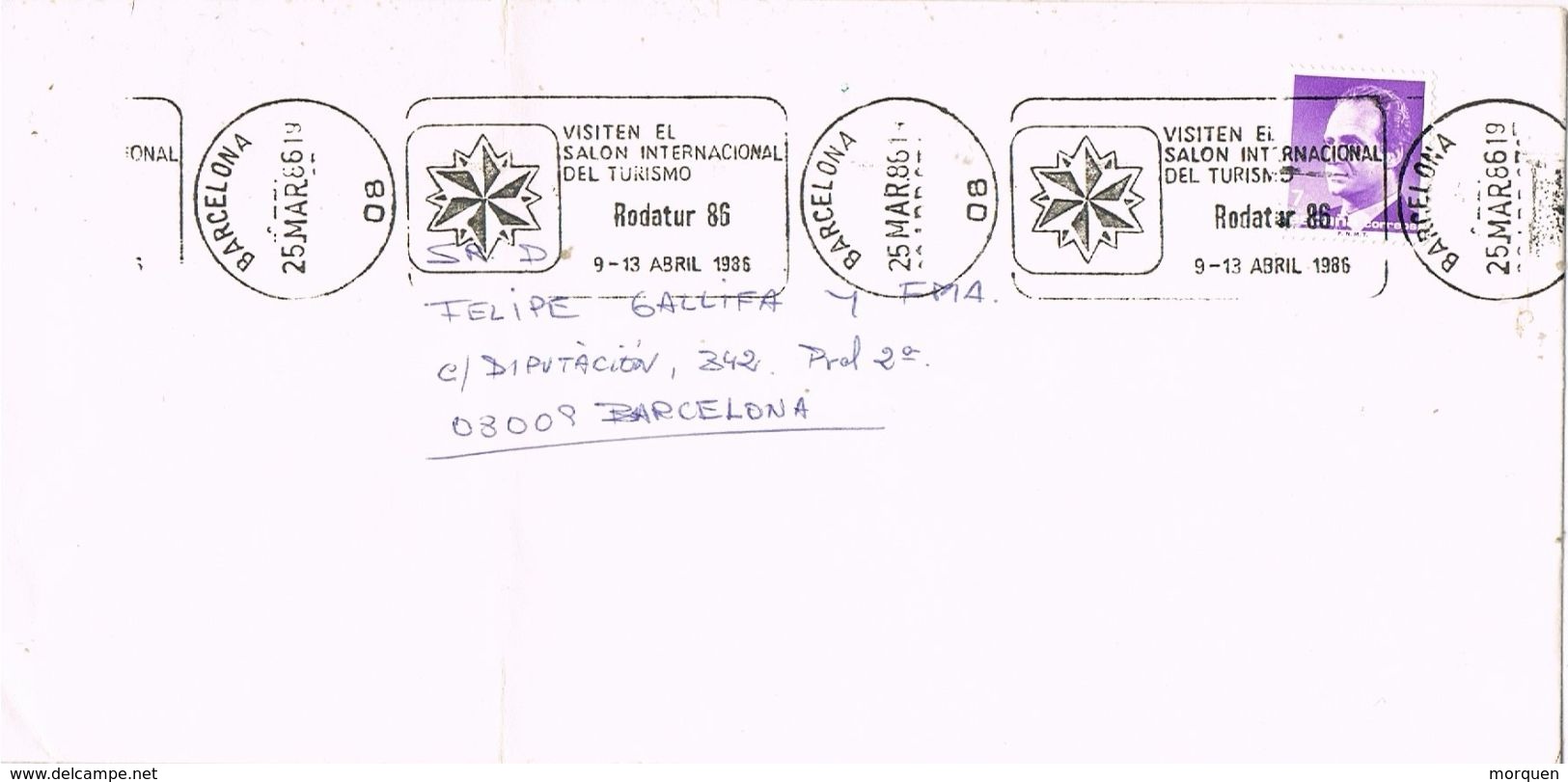 27174. Carta BARCELONA 1986. Rodillo Especial RODATUR, Salon Turismo 86 - Cartas & Documentos