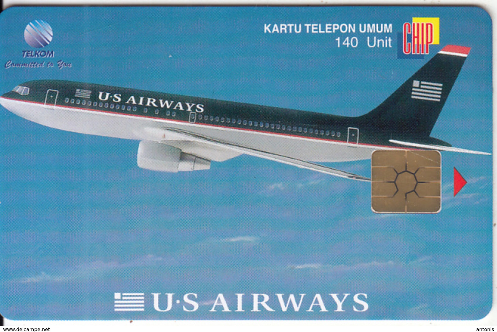 INDONESIA(chip) - U.S.Airways, Telkom Telecard 140 Units, Tirage 2000, 02/00, Used - Flugzeuge