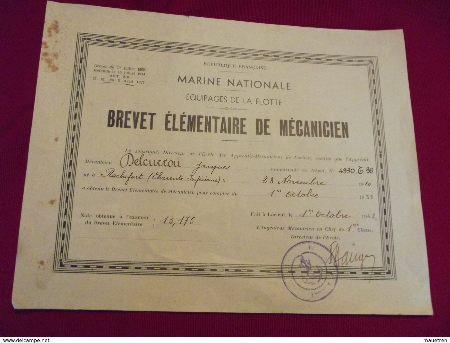 MARINE NATIONALE . équipages De La Flotte . Brevet élémentaire Mécanicien 1938 - Bateaux