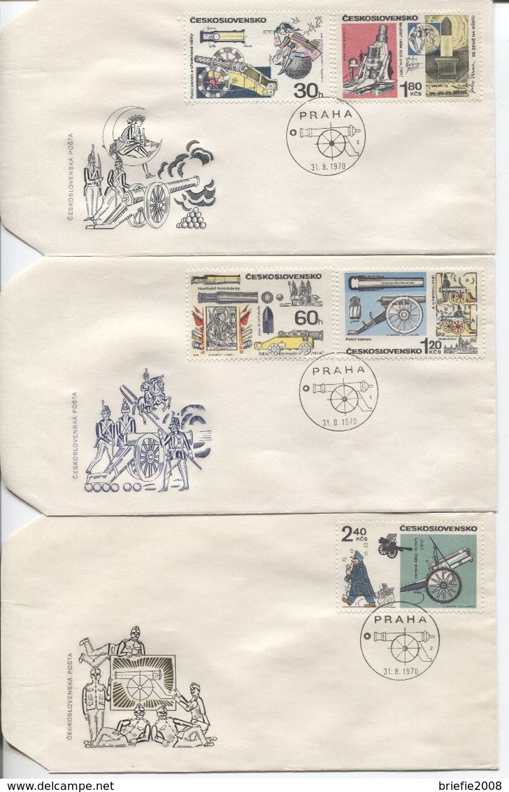 CSSR # 1946-50 FDC. Historische Kanonen, Münchhausen, St. Barbara, Soldat Svejk, Mörser - FDC