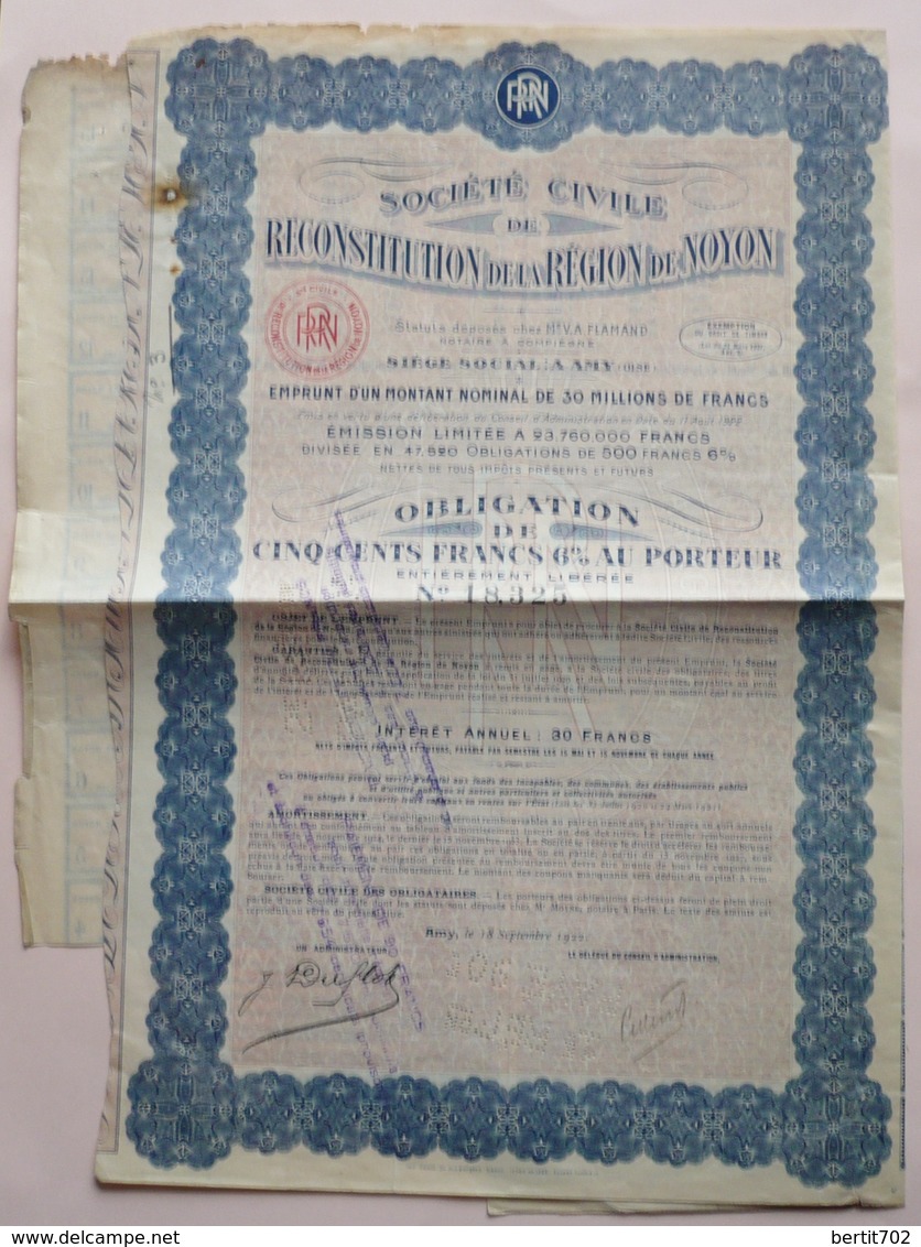 OBLIGATION  DE CINQ CENTS FRANCS - Societe Civile De Reconstitution De La Region De NOYON  -1922- Siège Social à AMY(60) - S - V