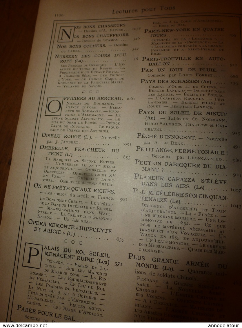 1907-1908 LECTURE POUR TOUS -->En auto et ballon;Légion au Maroc,Cinématographe;Toréadors Charette le chef vendéen;etc