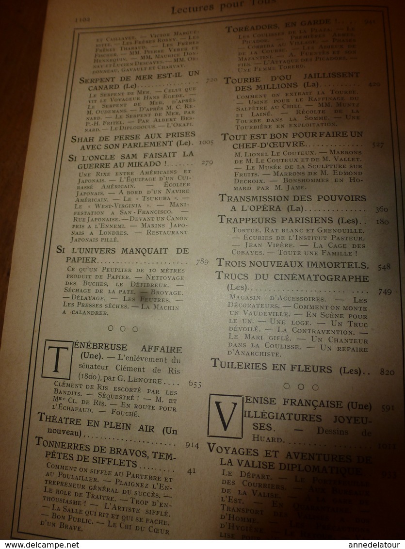 1907-1908 LECTURE POUR TOUS -->En auto et ballon;Légion au Maroc,Cinématographe;Toréadors Charette le chef vendéen;etc