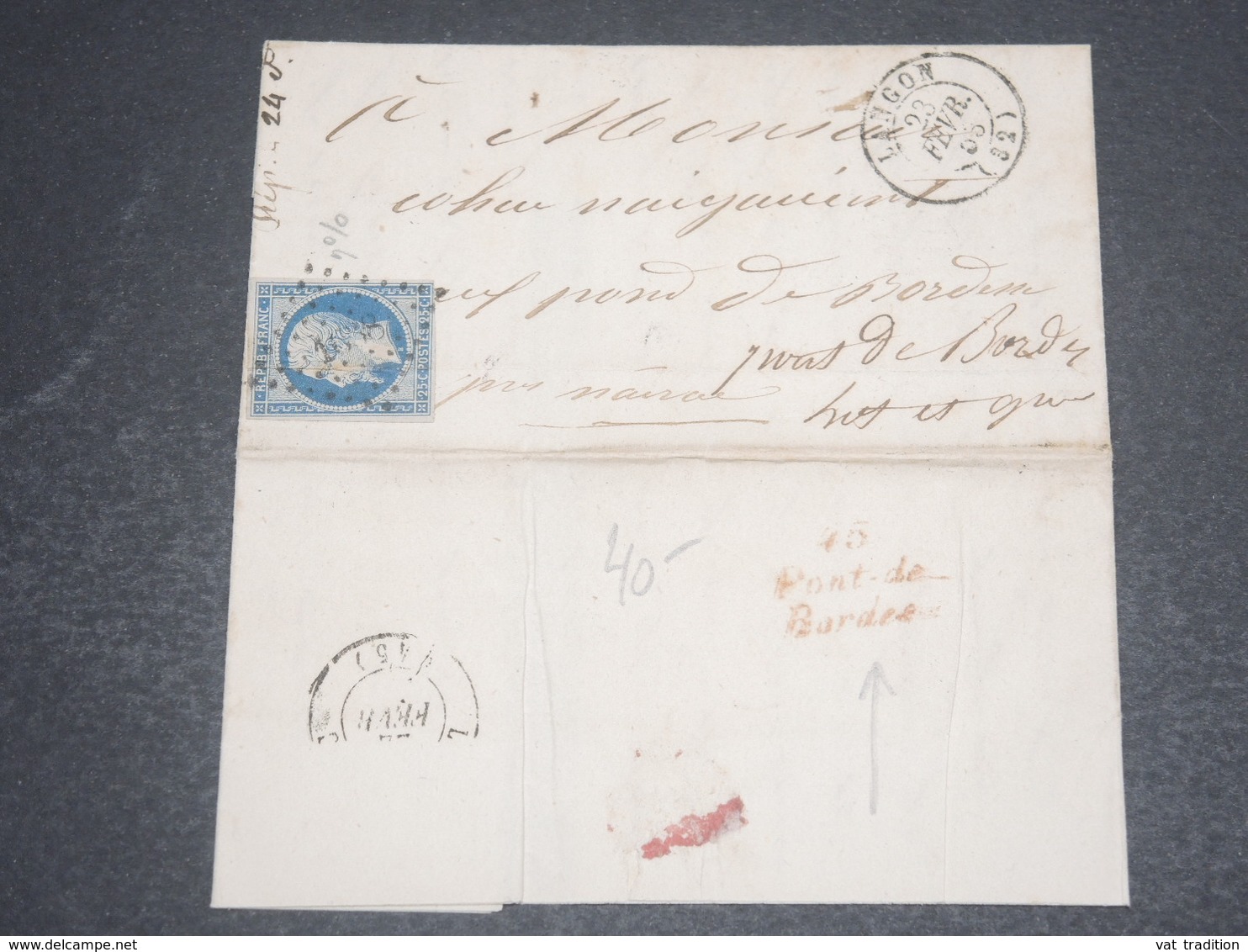 FRANCE - Cursive Rouge " 45 Pont De Bordeaux " En Arrivée Sur Lettre De Langon En 1953 -  L 12644 - 1849-1876: Période Classique