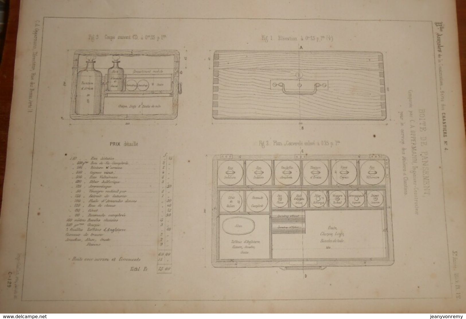 Plan D'une Boîte De Pansements Pour Le Service Des Ateliers Et Chantiers. 1859 - Obras Públicas