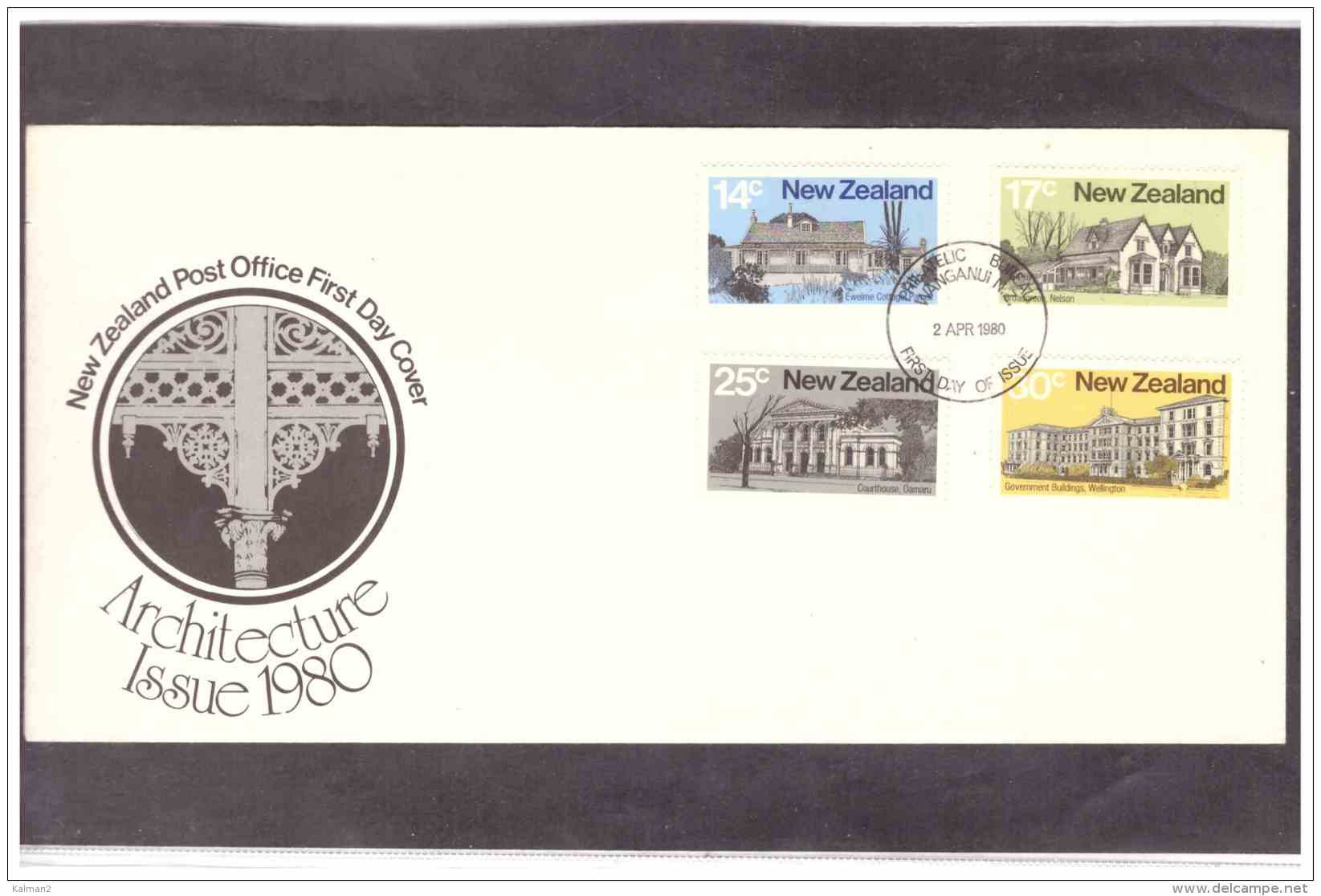 NZFDC10  -   WANGANUI  2.4.1980     /    FDC   Y.T. NR.  766/769  " ARCHITECTURE ISSUE 1980  " - Monuments