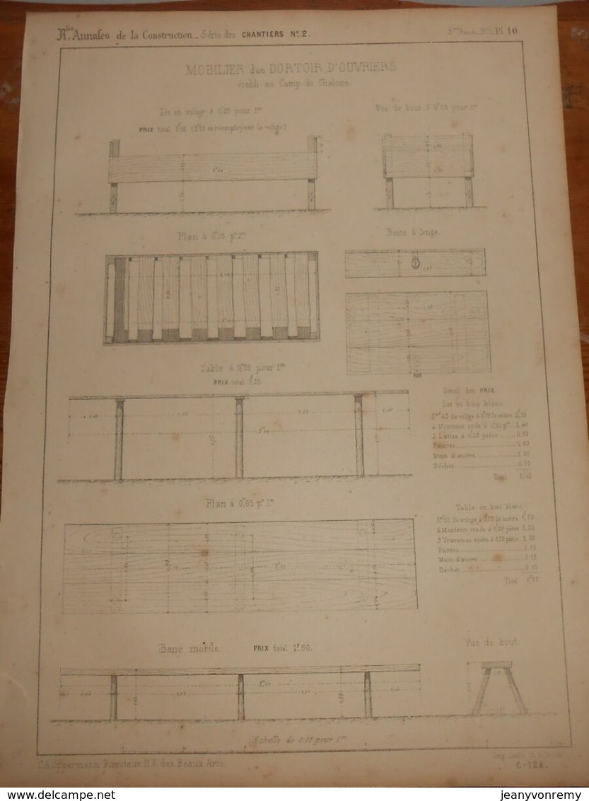 Plan Du Mobilier D'un Dortoir D'ouvriers établi Au Camp De Chalons. 1859 - Public Works