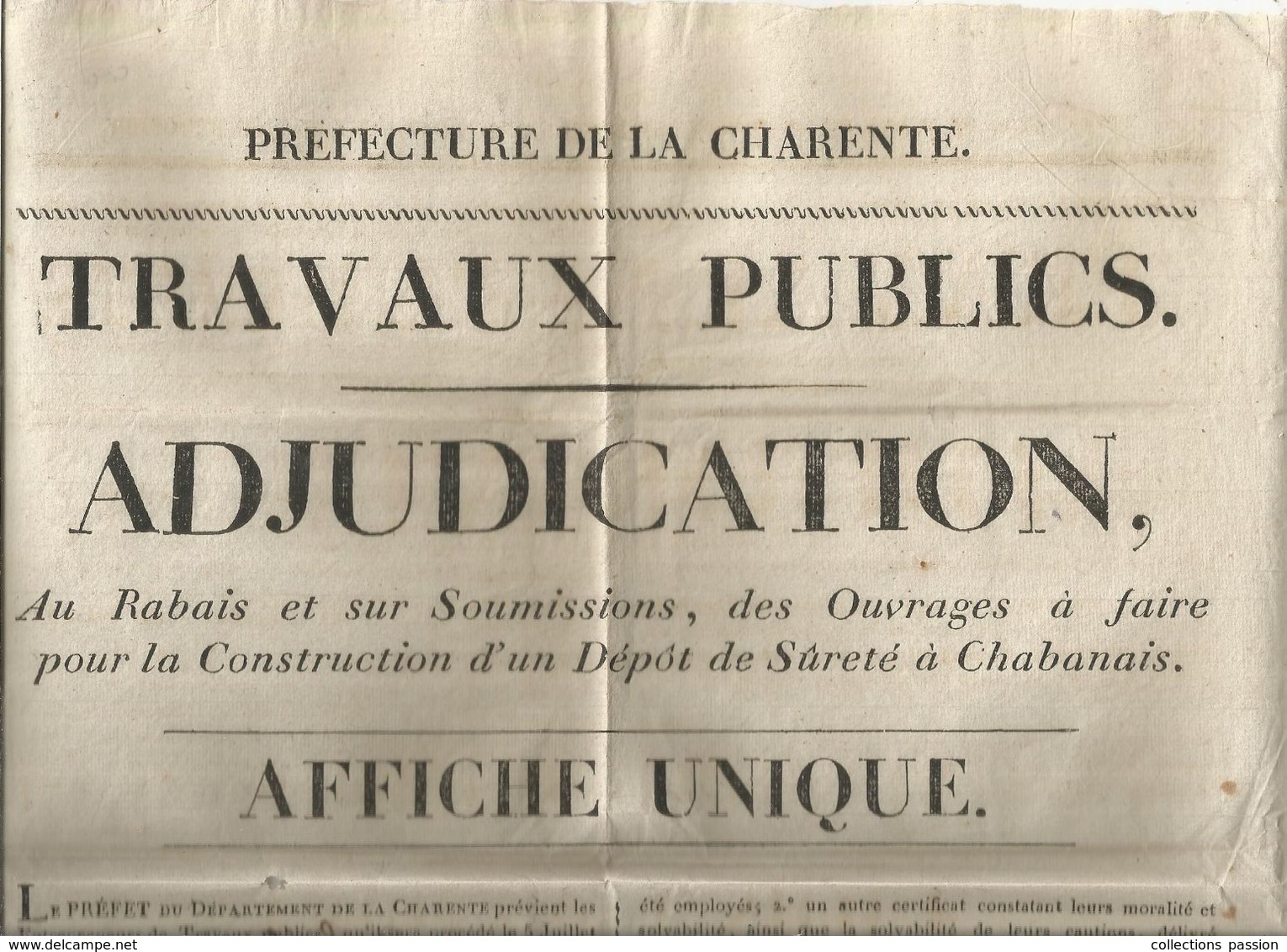 Affiche Unique, Préfecture De La Charente, Travaux Publics Adjudication Dépot De Sureté à CHABANAIS ,1826, Frais Fr 1.95 - Affiches