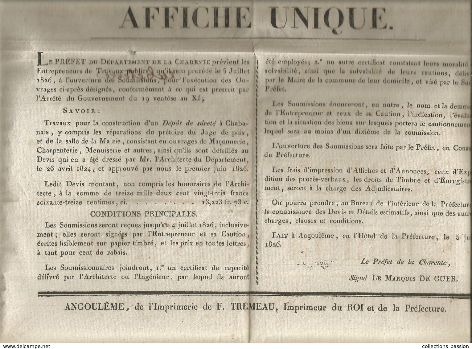 Affiche Unique, Préfecture De La Charente, Travaux Publics Adjudication Dépot De Sureté à CHABANAIS ,1826, Frais Fr 1.95 - Affiches