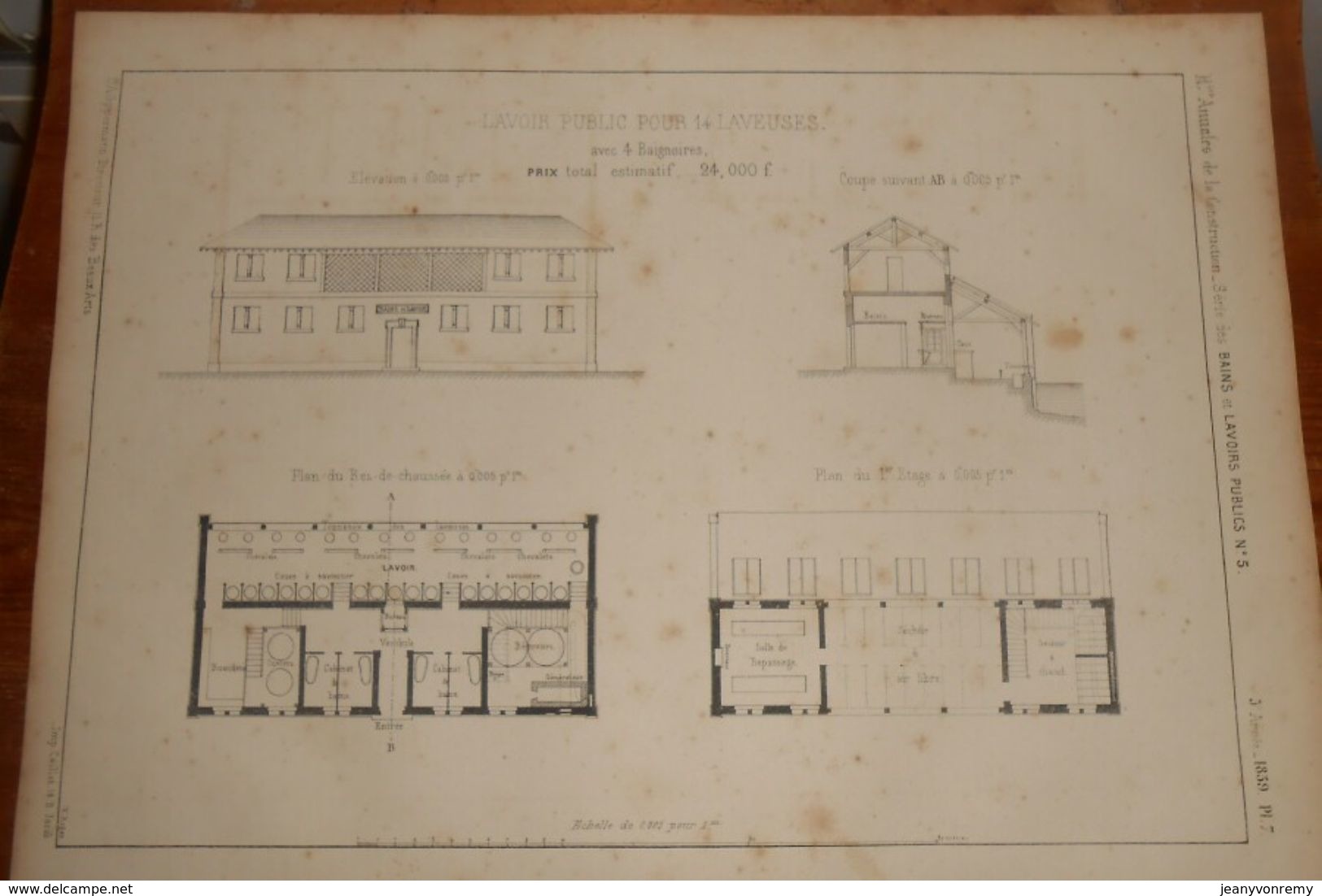 Plan D'un Lavoir Public Pour 14 Laveuses Avec 4  Baignoires. 1859 - Public Works