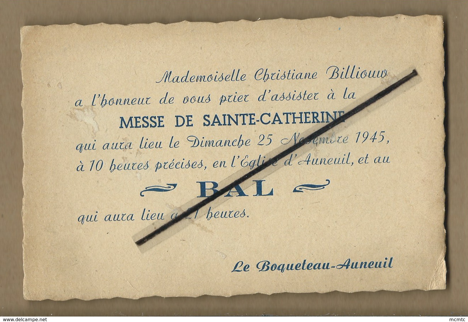 Invitation Messe De Sainte Catherine , Bal , 1945  - Le Boqueteau - Auneuil - Auneuil
