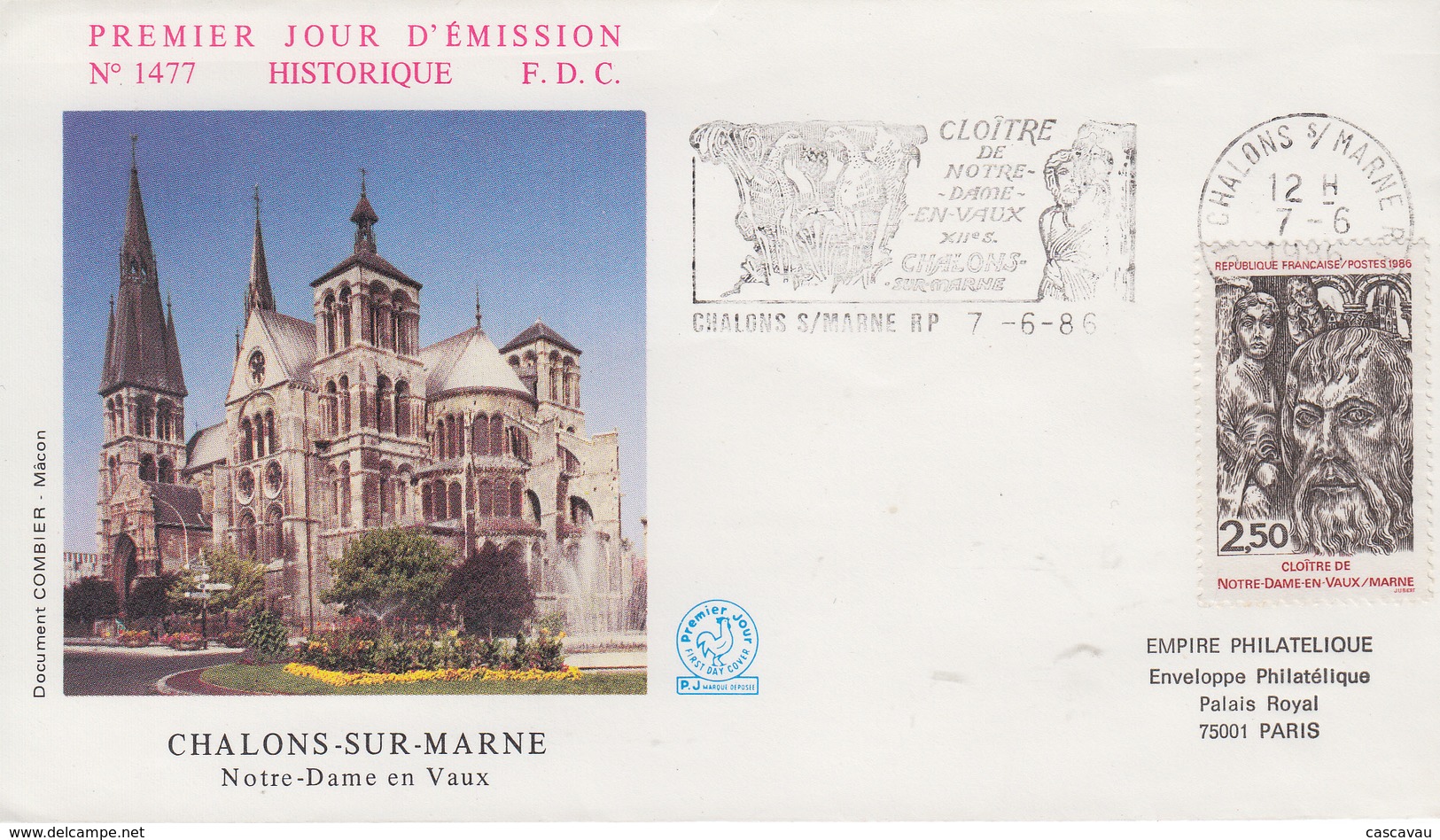 Enveloppe  FDC  Flamme   1er   Jour   Cloître  NOTRE  DAME EN  VAUX    CHALONS  SUR  MARNE   1986 - 1980-1989