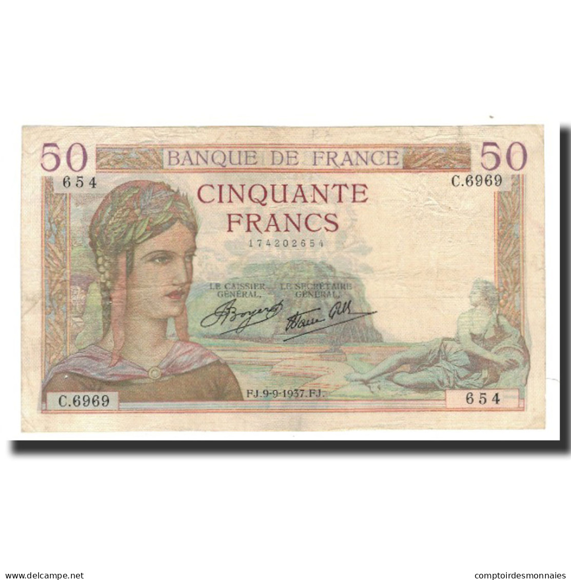 France, 50 Francs, 1937-09-09, TTB, Fayette:18.3, KM:85b - 50 F 1934-1940 ''Cérès''