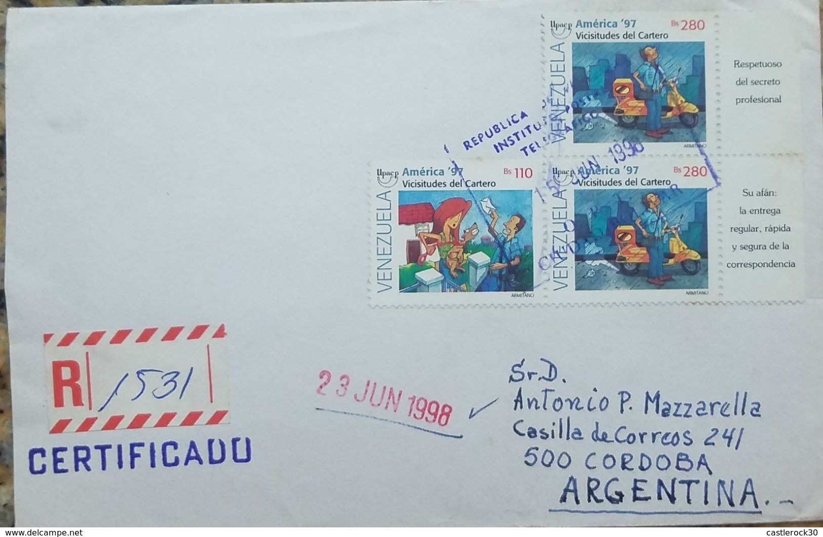 L) 1998 VENEZUELA ,UPAEP, VIESITUDES OF THE CARRIER, PEOPLE, MOTORCYCLE, VESPA, DOG, CIRCULATED COVER FROM VENEZUELA - Venezuela