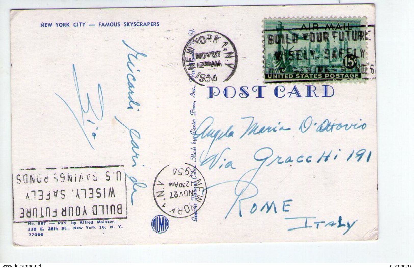 U1480 Small Postcard 1954: NEW YORK CITY, FAMOUS SKYSCRAPERS + NICE AIR MAIL STAMP AND TIMBRE - Multi-vues, Vues Panoramiques