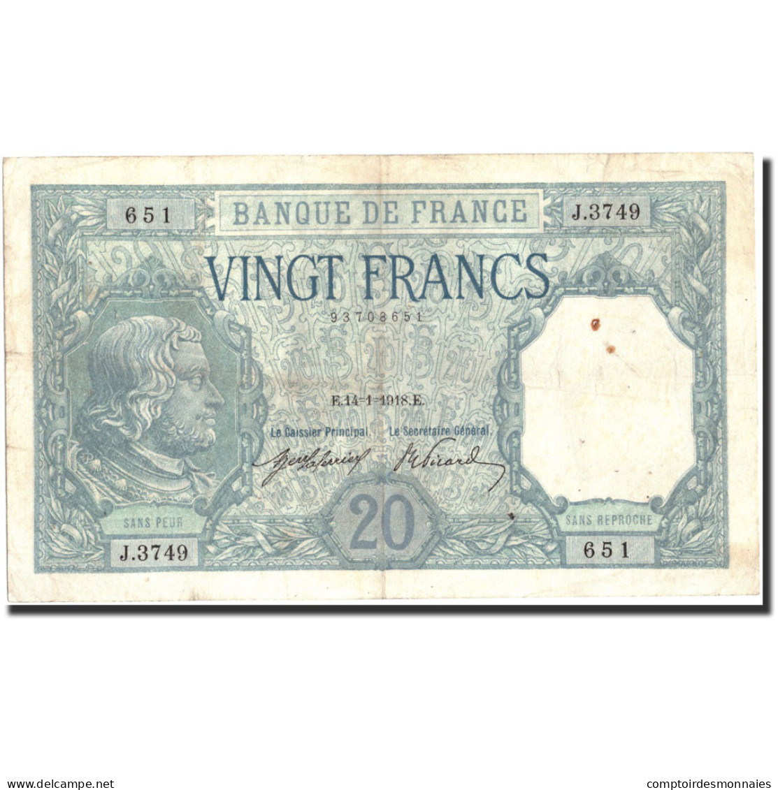 France, 20 Francs, 20 F 1916-1919 ''Bayard'', 1918, 1918-01-14, TB+ - 20 F 1916-1919 ''Bayard''