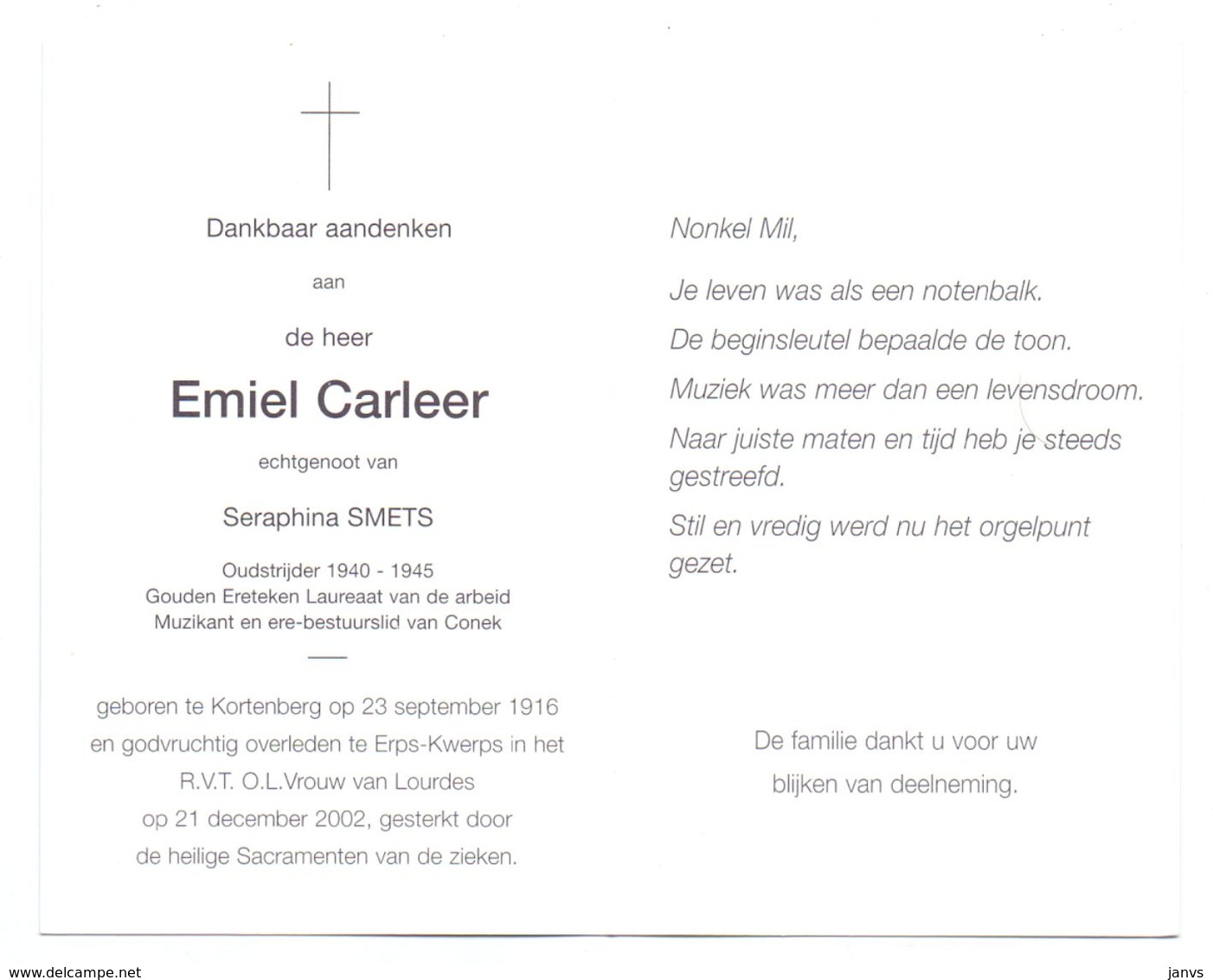 Devotie - Devotion - Emiel Carleer - Kortenberg 1916 - Erps-Kwerps 2002 - Smets - Oudstrijder Conek - Décès