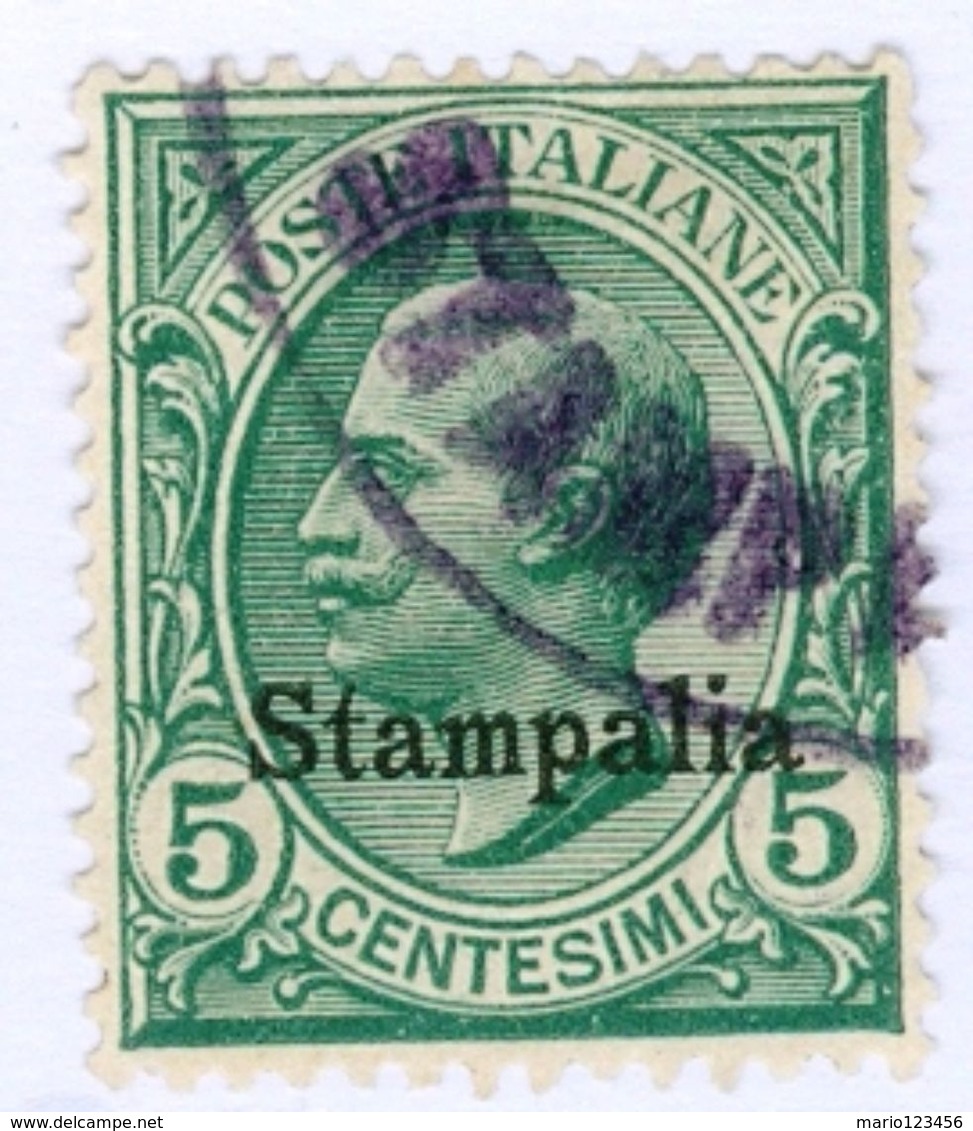 STAMPALIA, ITALIA, ITALY, EGEO, 1912, FRANCOBOLLO USATO, 5 C. Sass. 2   Scott 2 - Egeo (Stampalia)
