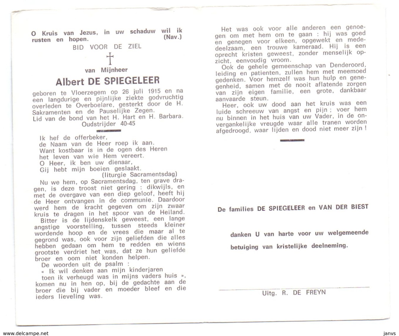 Devotie - Devotion - Albert De Spiegeleer - Vloerzegem 1915 - Overboelare - Oudstrijder - Obituary Notices