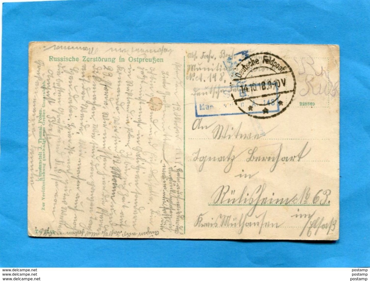 MARCOPHILIE-carte Postale-gefangener Russen-Ostpreufzen- Prisonniers Russes-Feldpost Oct 1918+censure - Lettres & Documents