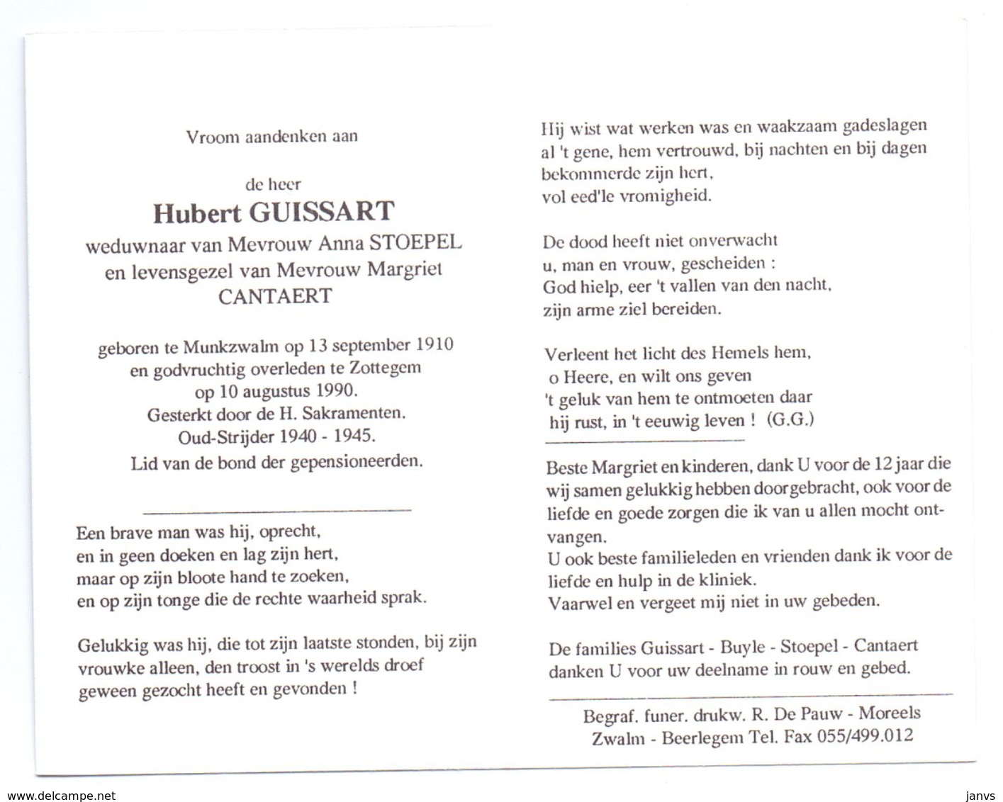 Devotie - Devotion - Hubert Guissart - Munkzwalm 1910 - Zottegem 1990 - Stoepel - Cantaert - Oudstrijder - Avvisi Di Necrologio