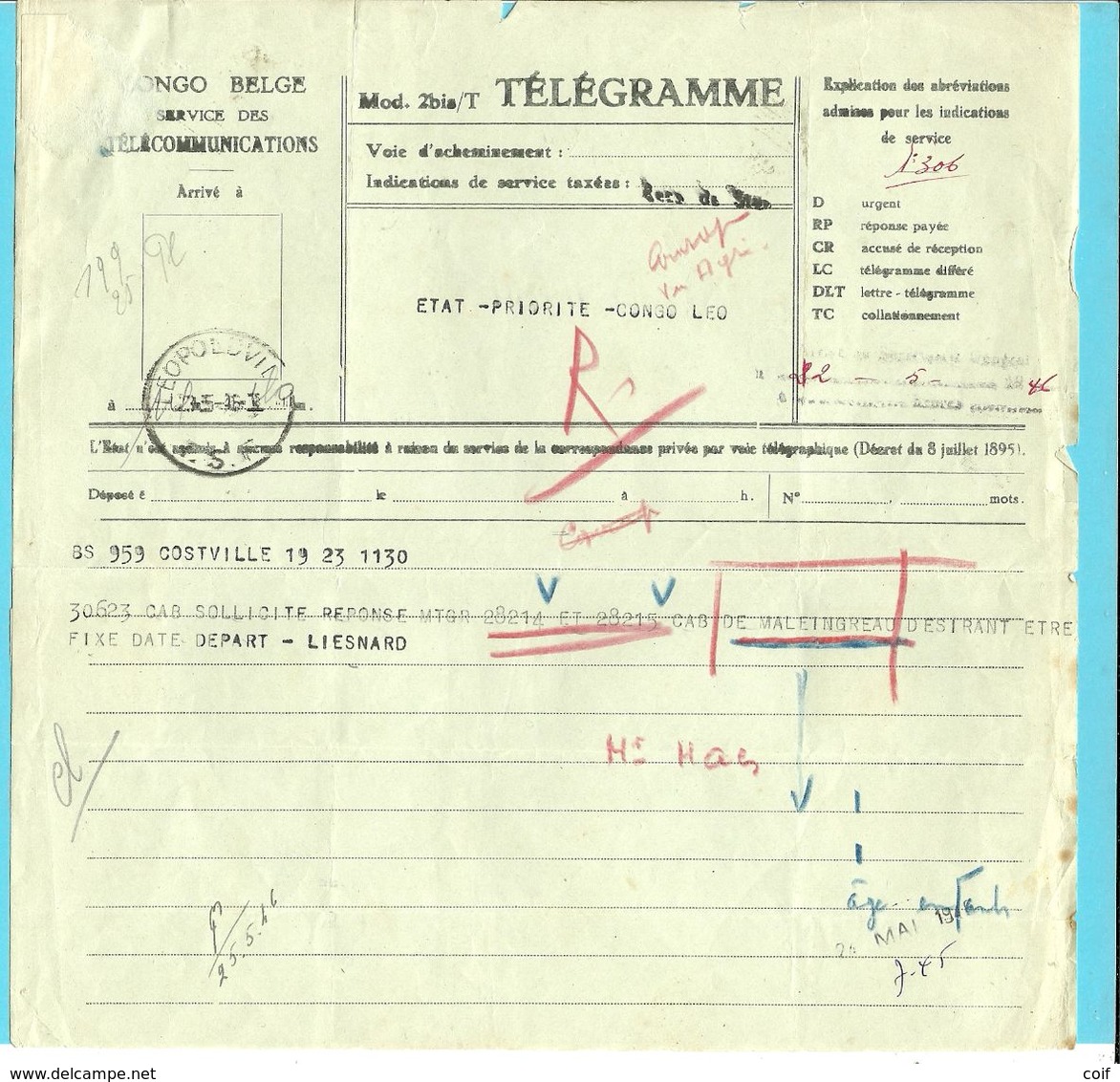 TELEGRAMME CONGO BELGE Met Stempel LEOPOLDVILLE 1946 - Autres & Non Classés