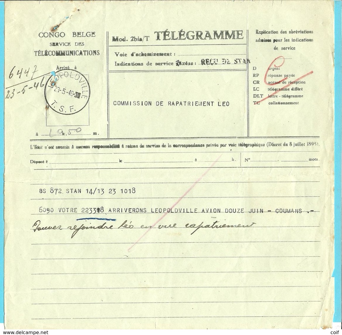 TELEGRAMME CONGO BELGE Met Stempel LEOPOLDVILLE 1946 - Andere & Zonder Classificatie