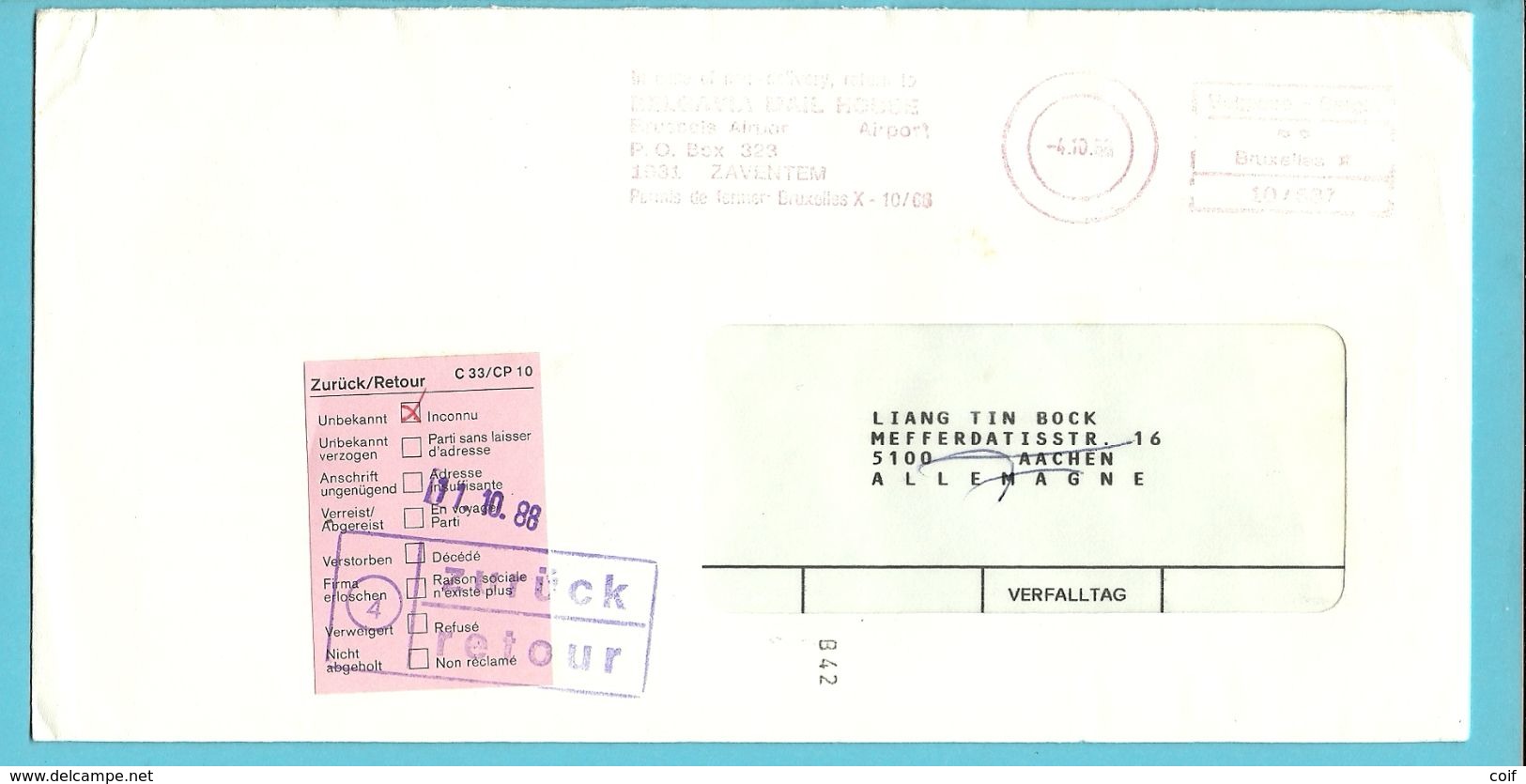 Brief Verzonden Vanuit P.B.BOX 323 / Zaventem (privepost), -> ALLEMAGNE Met Stempel RETOUR / Zurück - 1980-99