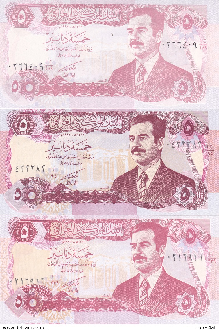 IRAQ 5 DINARS 1992 P-80 LOT X3 UNC NOTES DIFFERENT COLORS - Iraq