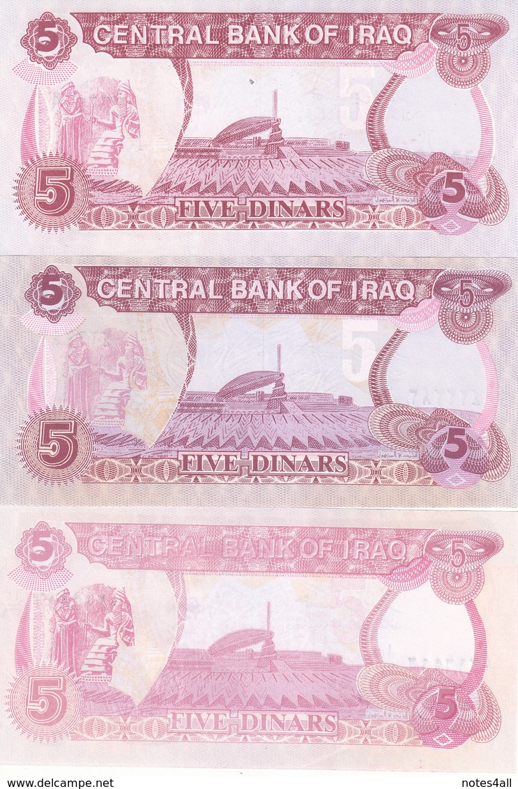 IRAQ 5 DINARS 1992 P-80 LOT X3 UNC NOTES DIFFERENT COLORS - Iraq