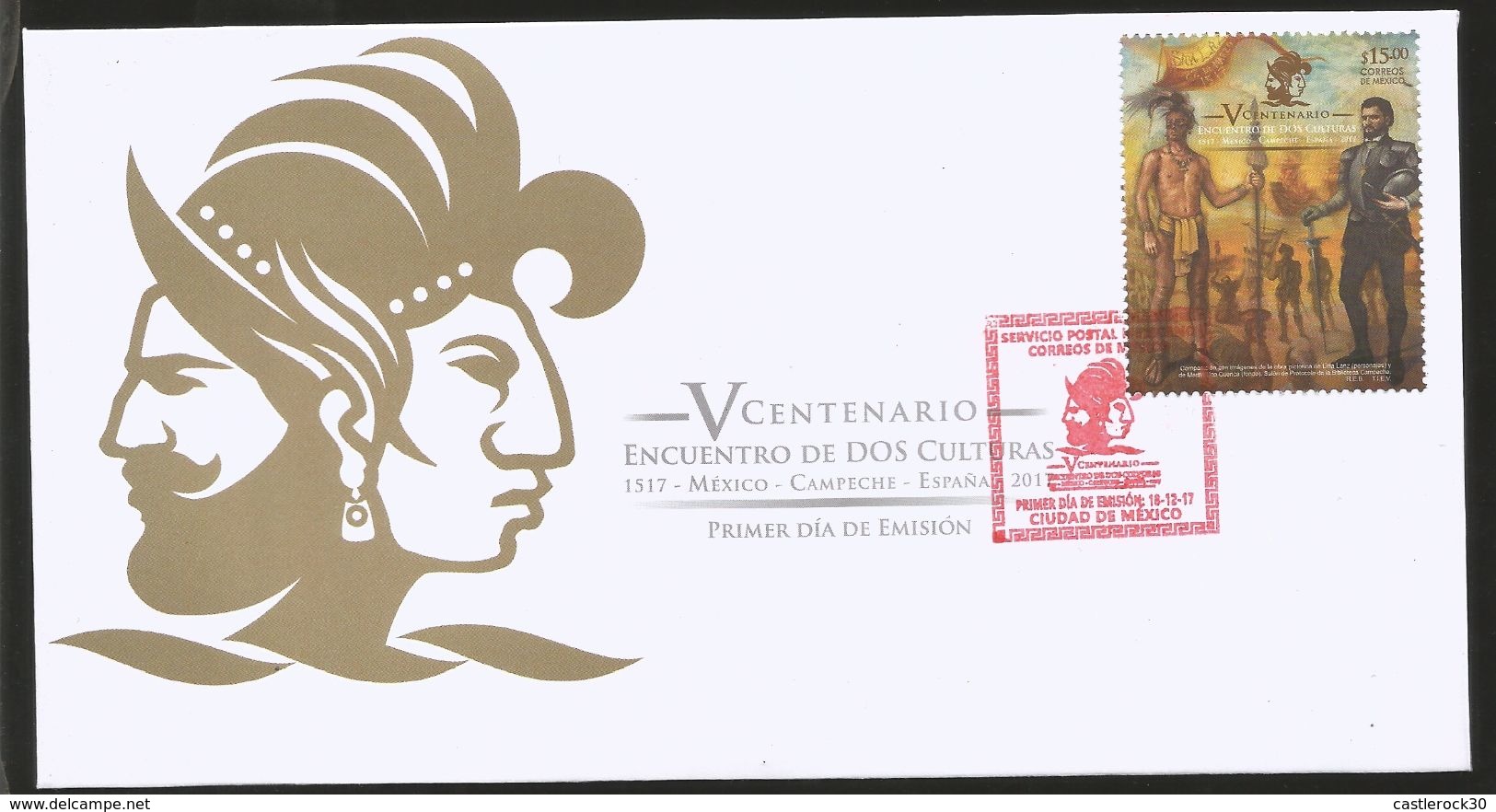 J) 2017 MEXICO, V CENTENARY, MEETING OF THE TWO CULTURES, PAINTING, FDC - Mexico