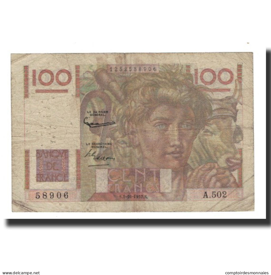 France, 100 Francs, 1952-10-02, B+, Fayette:28Bis/1, KM:128d - 100 F 1945-1954 ''Jeune Paysan''